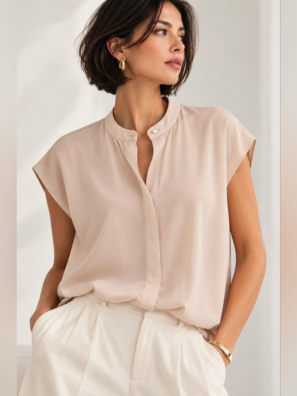 Joie Blush Pearl Button Hidden Placket Cap Sleeve Blouse Size S